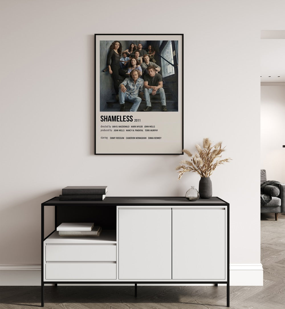 Shameless 2011 I Movie Posters in Black Plain Frame hanging on wall above console table