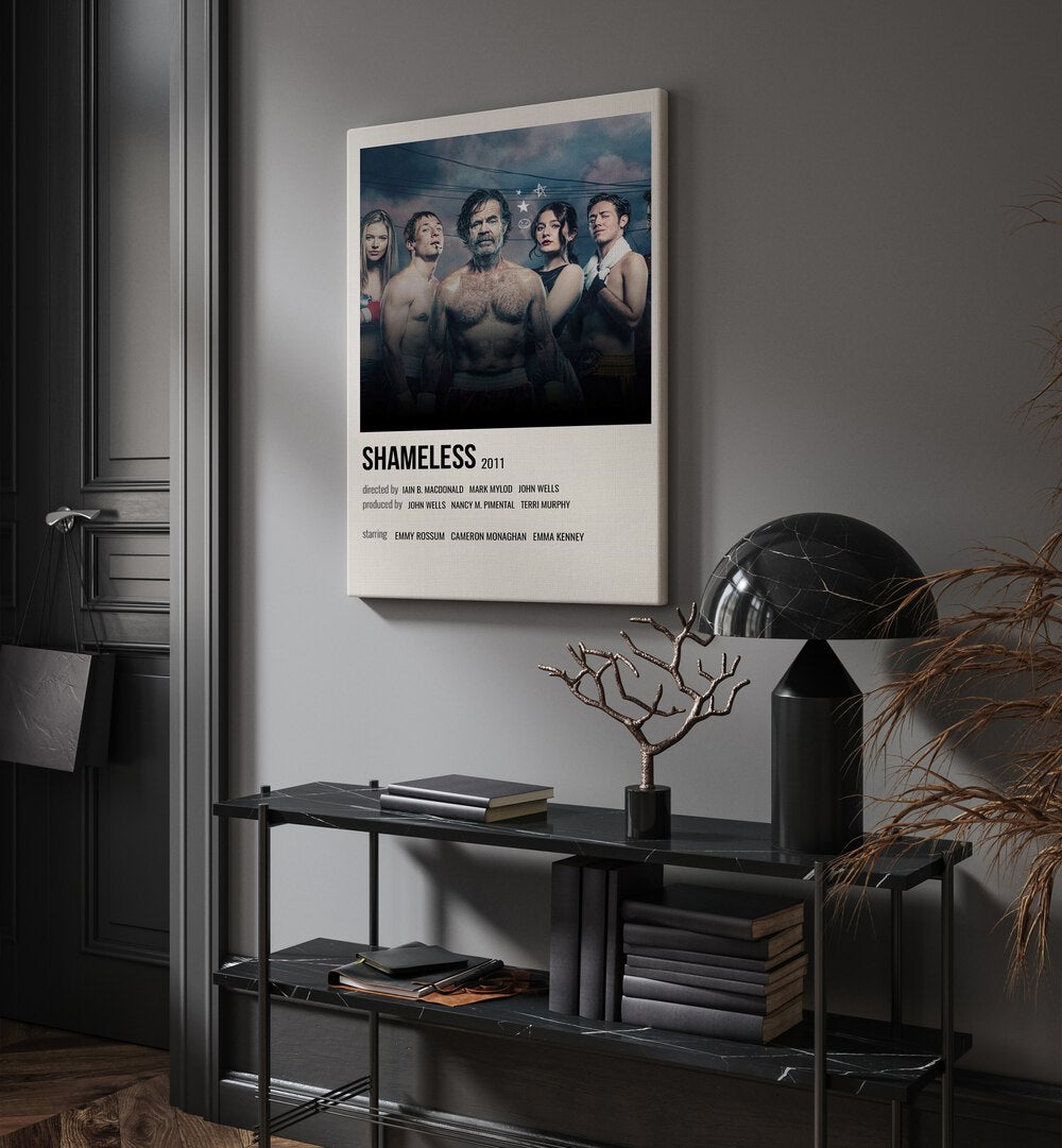 Shameless 2011 ii Movie Posters in Gallery Wrap hanging on wall above console table beside door and window