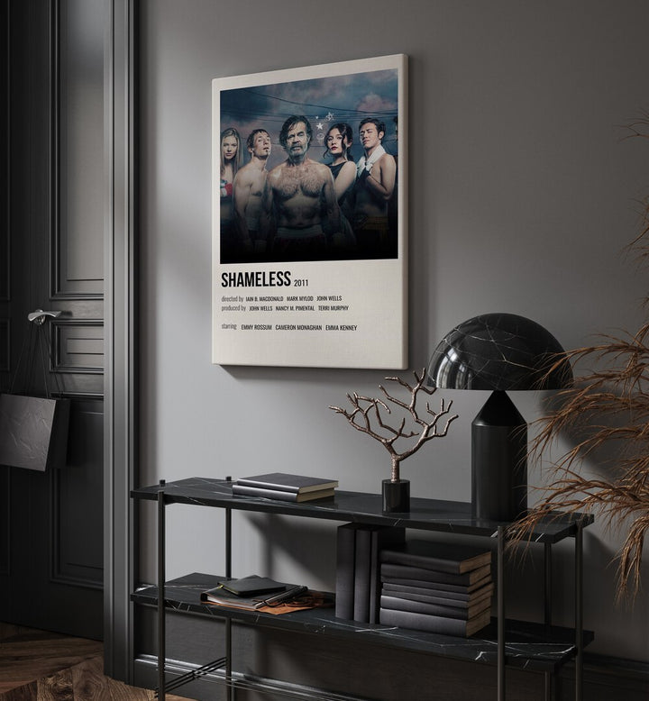 Shameless 2011 ii Movie Posters in Gallery Wrap hanging on wall above console table beside door and window