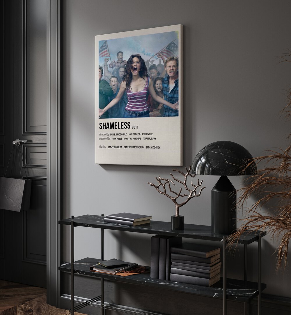 Shameless 2011 iii Movie Posters in Gallery Wrap hanging on wall above console table beside door and window