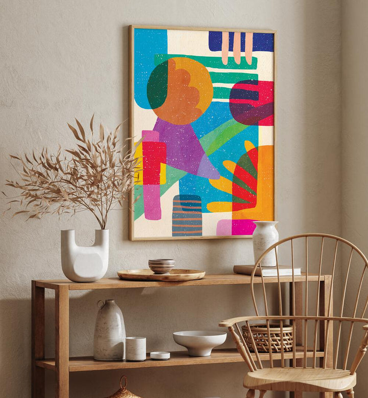 Shapes And Dreams Abstract Art Abstract Paintings in Oak Wood Plain Frame placed on a Beige Colored Wall above a Shelf in the Drawing Room