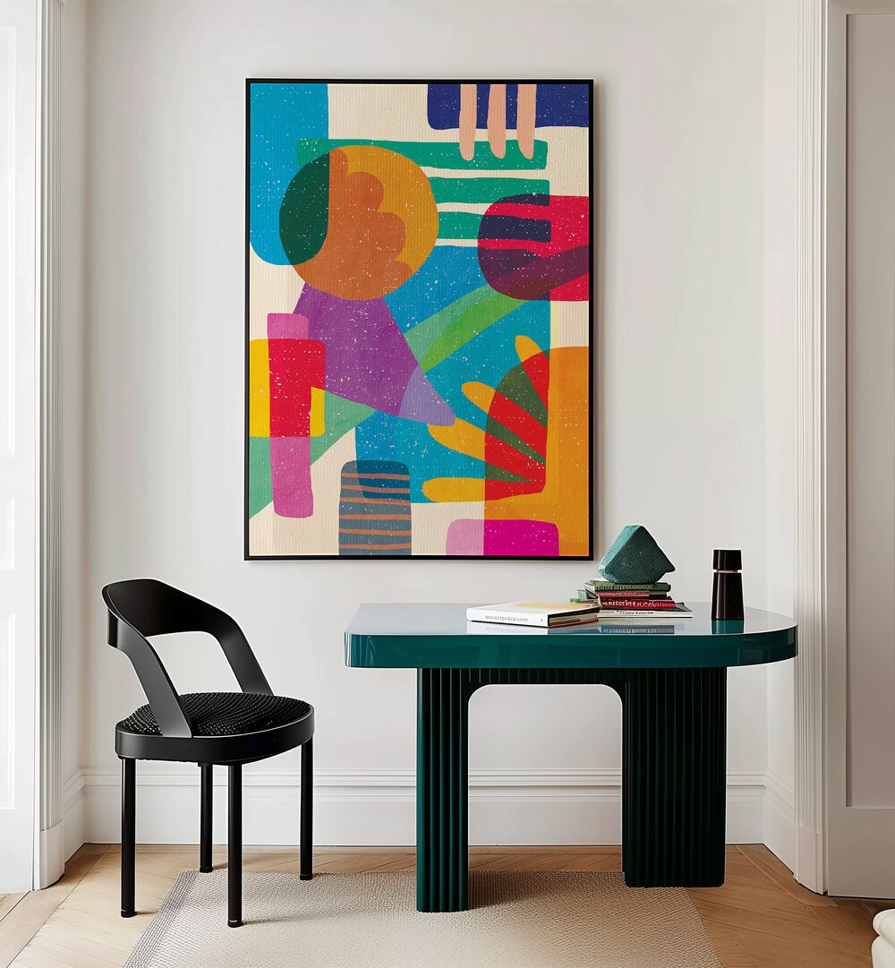 Shapes And Dreams Abstract Art Abstract Paintings in Black Plain Frame placed on a White Colored Wall Above a Study Table near a Workspace in the Drawing Room