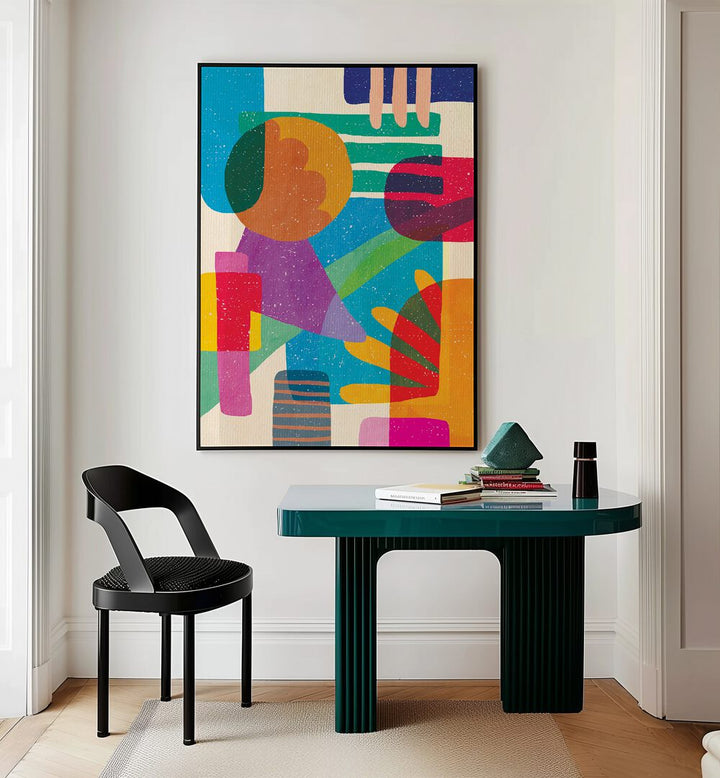 Shapes And Dreams Abstract Art Abstract Paintings in Black Plain Frame placed on a White Colored Wall Above a Study Table near a Workspace in the Drawing Room