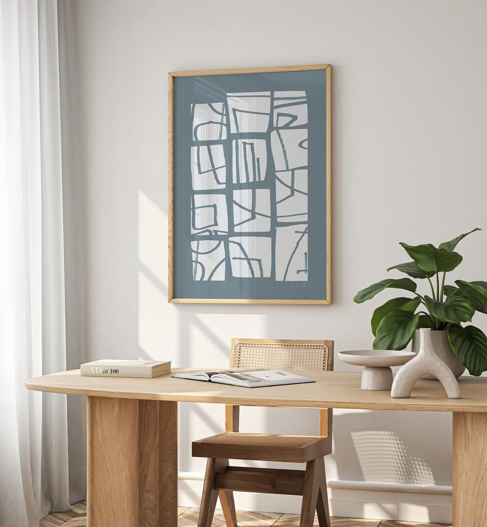 Shapes And Lines By Dan Hobday Abstract Art Abstract Paintings in Oak Wood Plain Frame  placed on a Cream Colored Wall near a Workspace in the Drawing Room