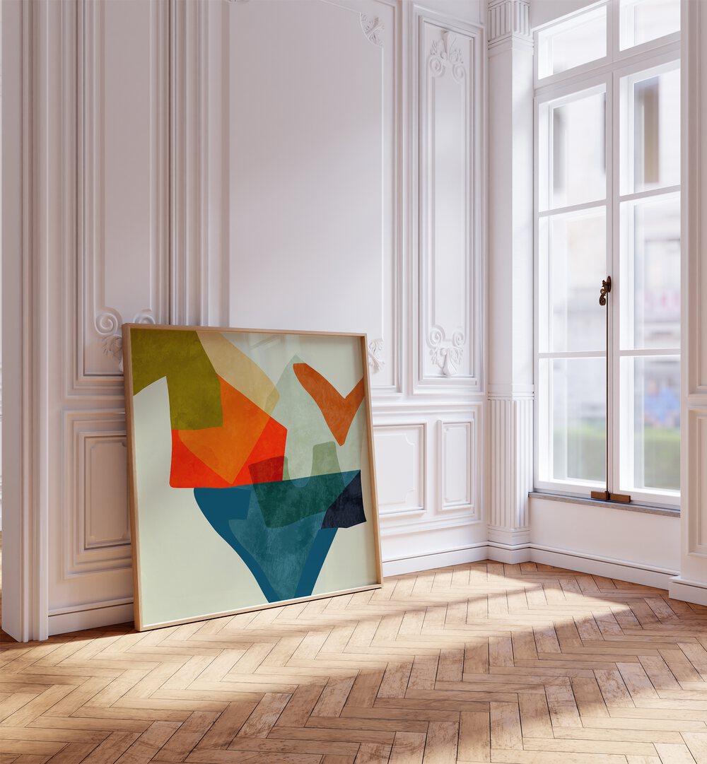 Shapes And Lines V By Ana Rut Bre Abstract Art Abstract Paintings in Oak Wood Plain Frame placed on the floor near a White Colored Wall in the Alley Way