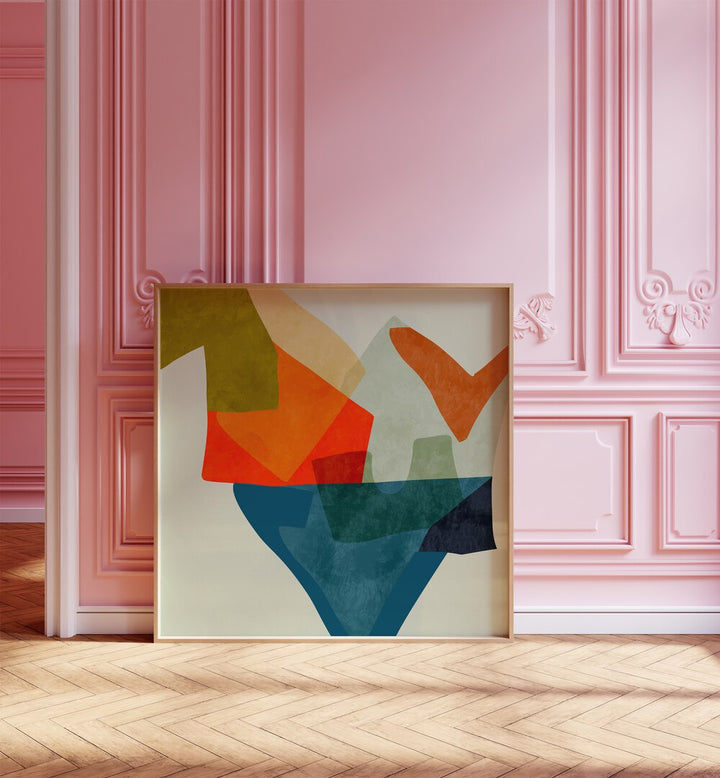 Shapes And Lines V By Ana Rut Bre Abstract Art Abstract Paintings in Oak Wood Plain Frame placed on the floor near a Pink Colored Wall in the Alley Way