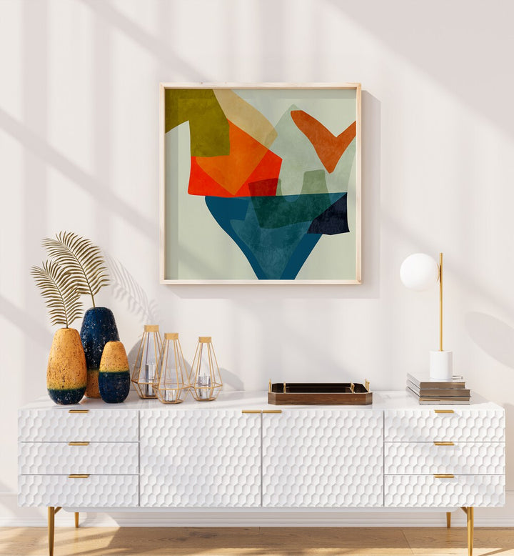 Shapes And Lines V By Ana Rut Bre Abstract Art Abstract Paintings in Oak Wood Plain Frame placed on a White Colored Wall above a Console Table in the Living Room