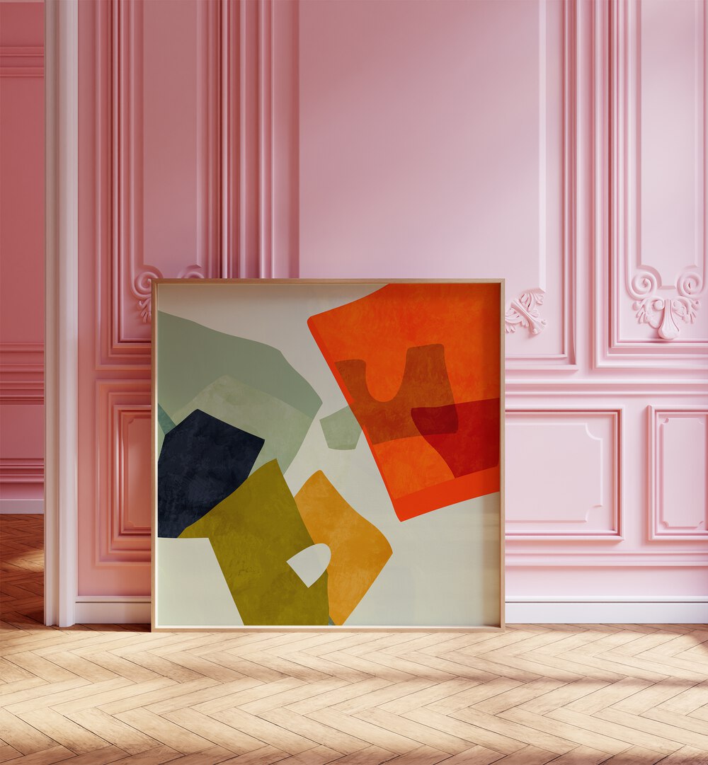 Shapes And Lines VI By Ana Rut Bre Abstract Art Abstract Paintings in Oak Wood Plain Frame placed on the floor near a Pink Colored Wall in the Alley Way