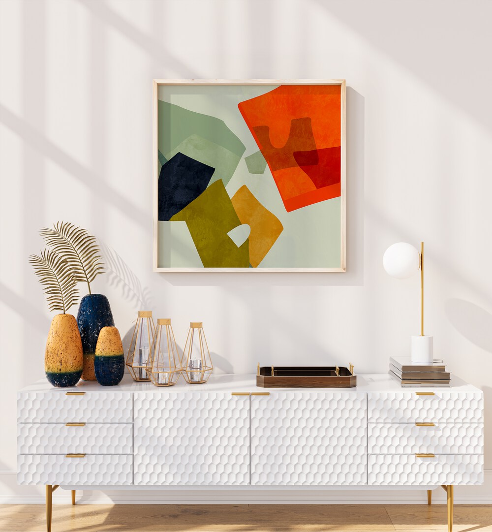 Shapes And Lines VI By Ana Rut Bre Abstract Art Abstract Paintings in Oak Wood Plain Frame placed on a White Colored Wall above a Console Table in the Living Room