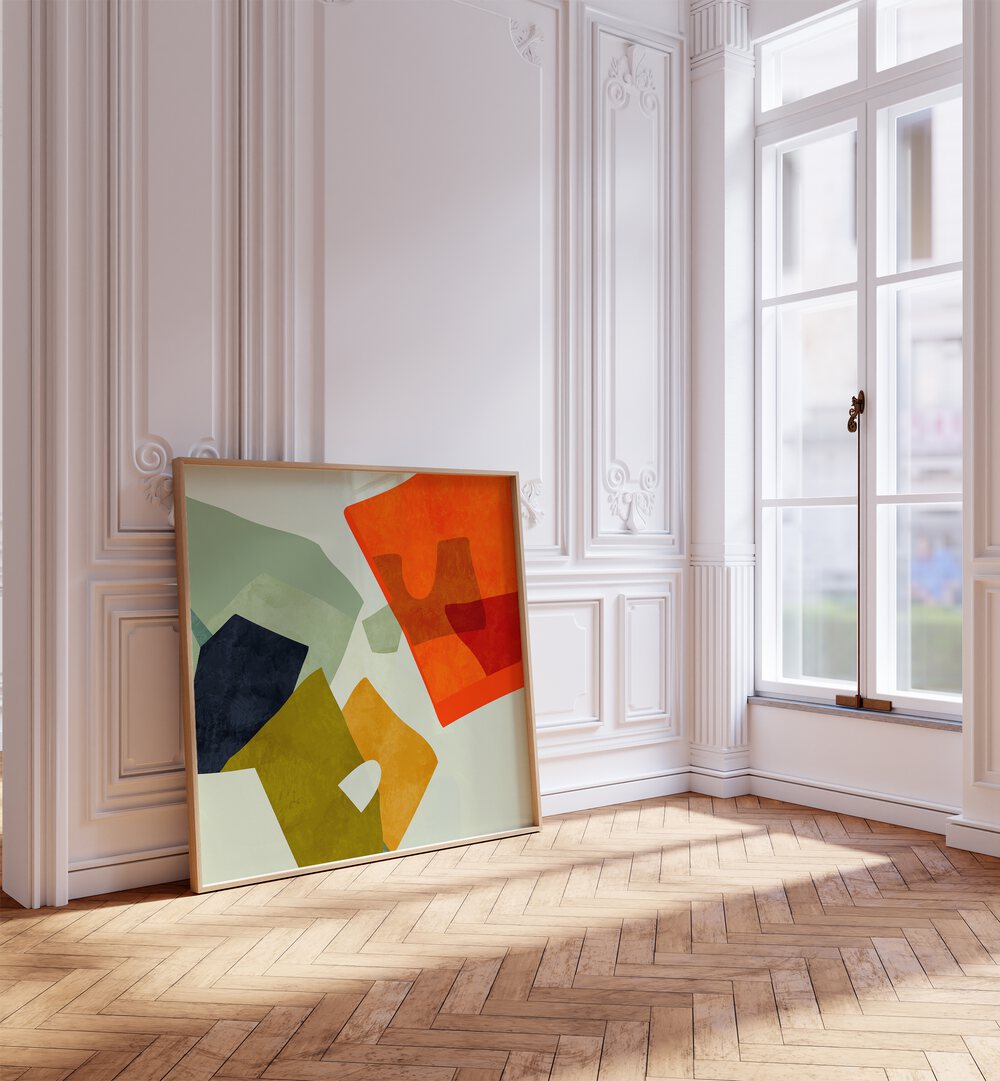 Shapes And Lines VI By Ana Rut Bre Abstract Art Abstract Paintings in Oak Wood Plain Frame placed on the floor near a White Colored Wall in the Alley Way