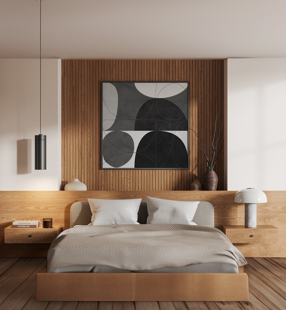 Shapes BW I By Ana Rut Bre Abstract Art Abstract Paintings in Black Plain Frame Placed on a Wooden Textured Wall Behind a Bed in the bedroom