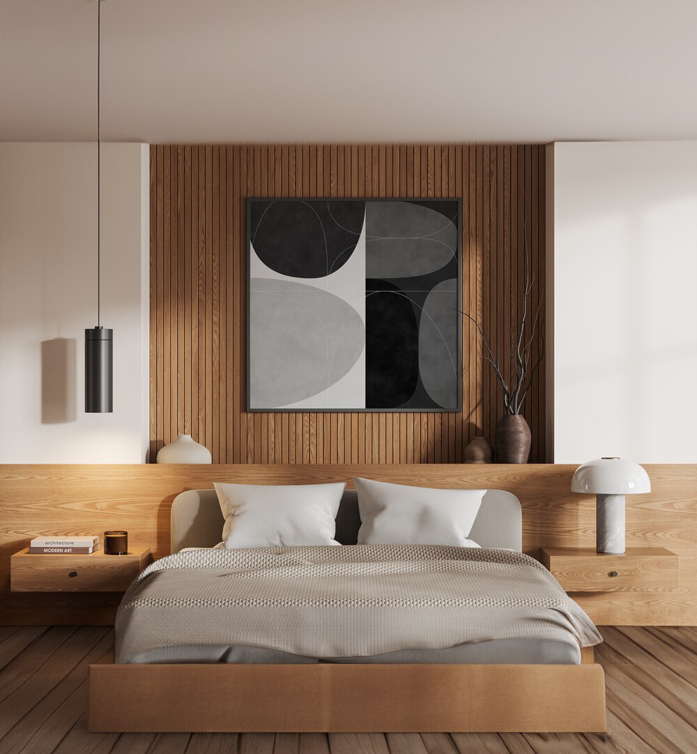 Shapes BW II By Ana Rut Bre Abstract Art Abstract Paintings in Black Plain Frame Placed on a Wooden Textured Wall Behind a Bed in the bedroom