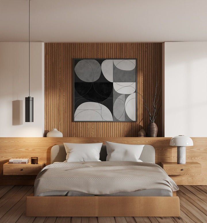 Shapes BW III By Ana Rut Bre Abstract Art Abstract Paintings in Black Plain Frame Placed on a Wooden Textured Wall Behind a Bed in the bedroom 