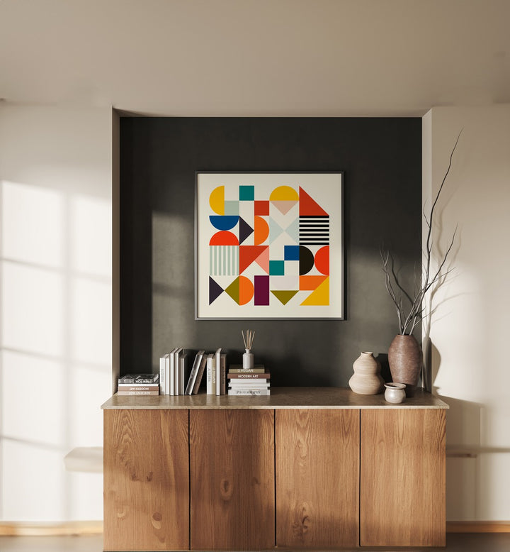 Shapes Minimal By Ana Rut Bre Abstract Art Abstract Paintings in Black Plain Frame placed on a Dark Grey Colored Wall above a Console Table in the Living Room 