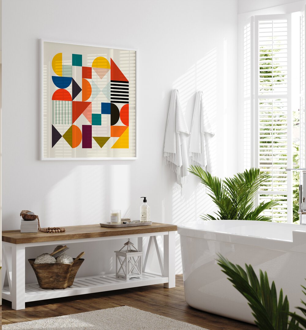 Shapes Minimal By Ana Rut Bre Abstract Art Abstract Paintings in White Plain Frame placed on a White Colored Wall near a Bathtub in the Bathroom