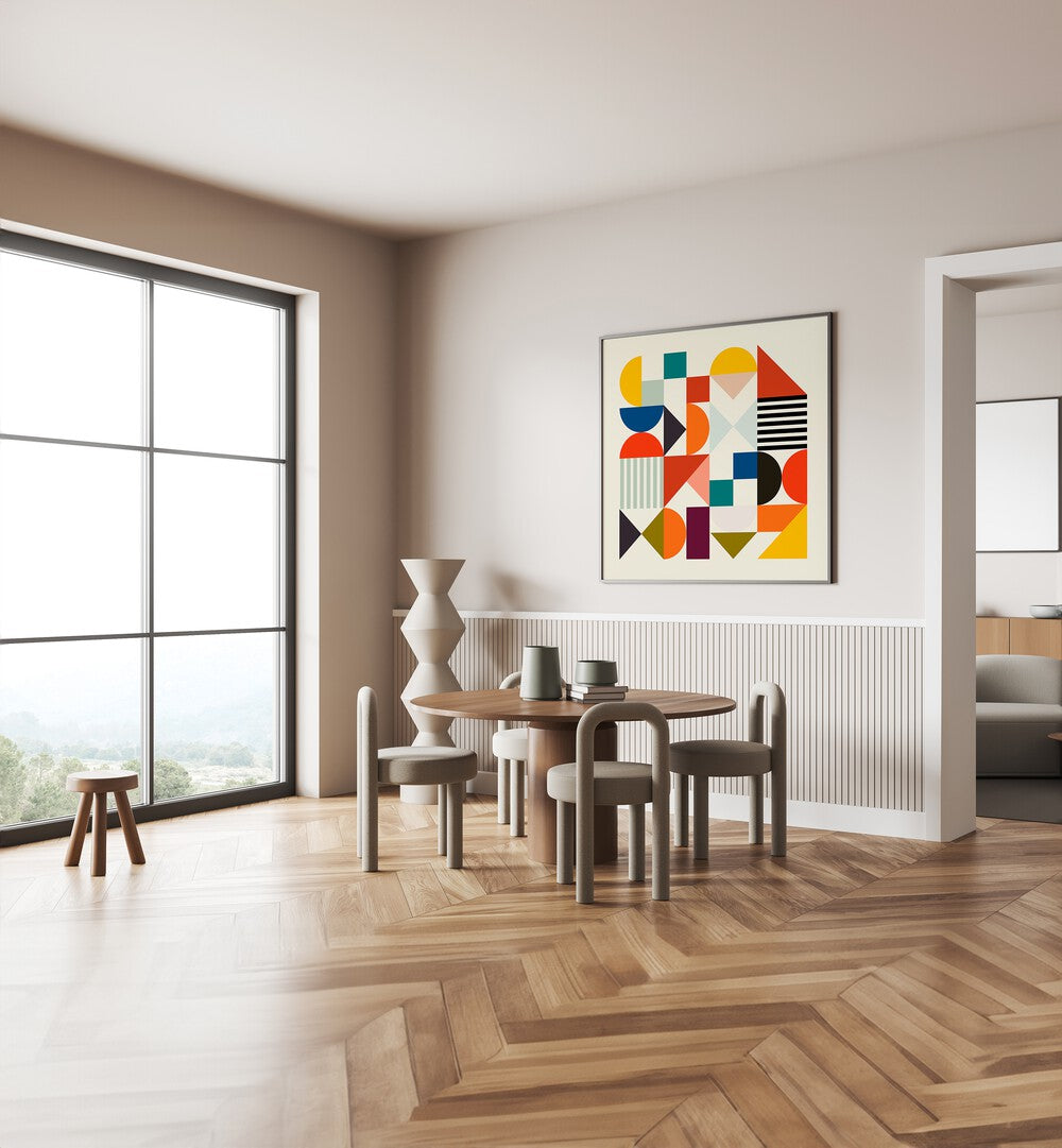 Shapes Minimal By Ana Rut Bre Abstract Art Abstract Paintings in Black Plain Frame placed on a Cream Colored Wall near a Dining Table in the Dining Room