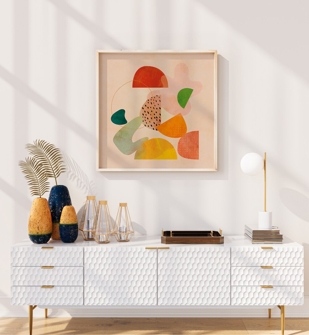 Shapes Play Kopie I By Ana Rut Bre Abstract Art Abstract Paintings in Oak Wood Plain Frame placed on a White Colored Wall above a Console Table 