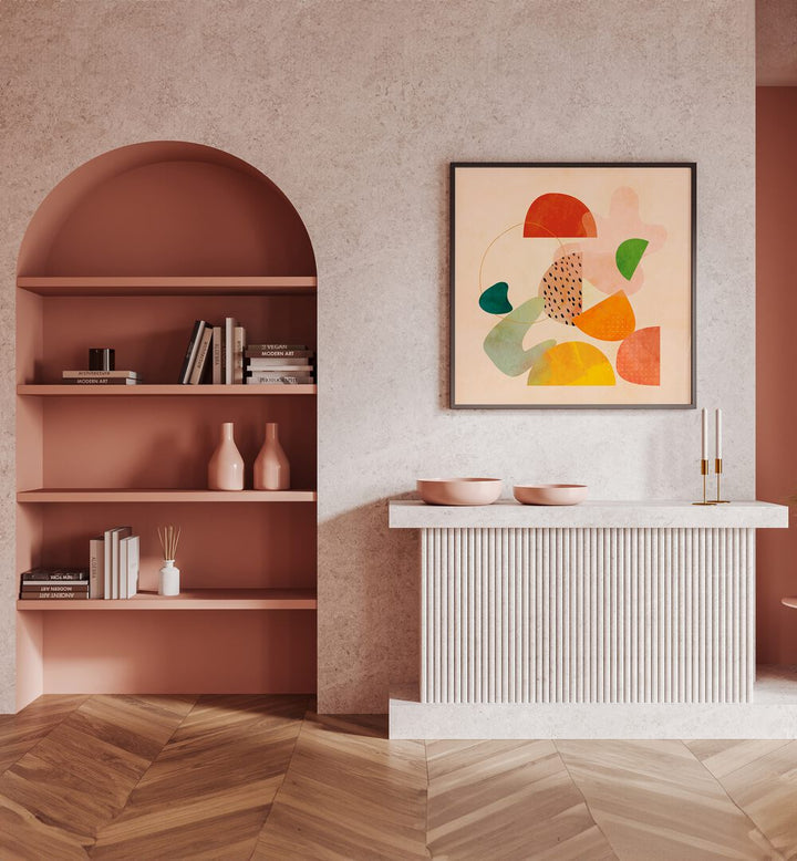 Shapes Play Kopie I By Ana Rut Bre Abstract Art Abstract Paintings in Black Plain Frame placed on a Pink Colored Wall above a Console Table in the Drawing Room