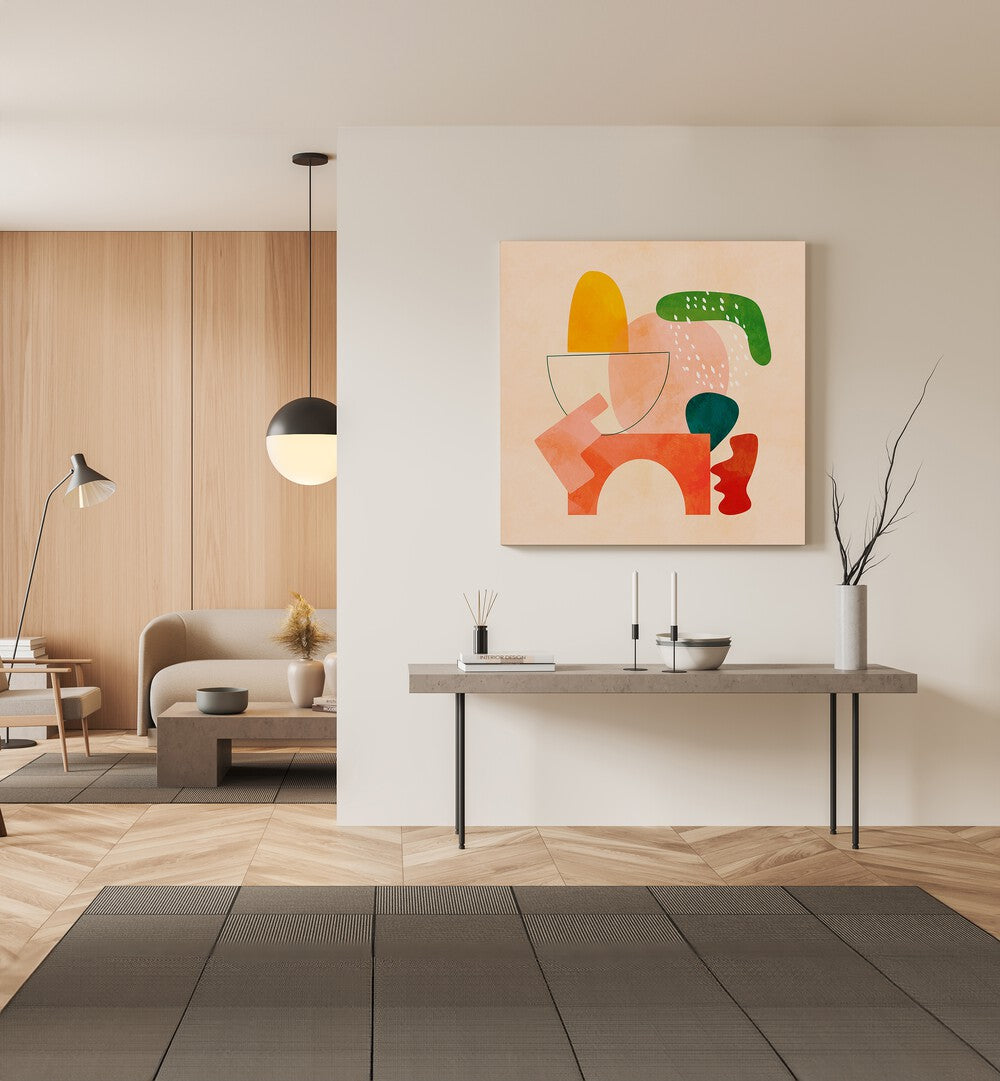 Shapes Play Kopie II By Ana Rut Bre Abstract Art Abstract Paintings in Gallery Wrap placed on a Cream Colored Wall above a Console Table in the Drawing Room