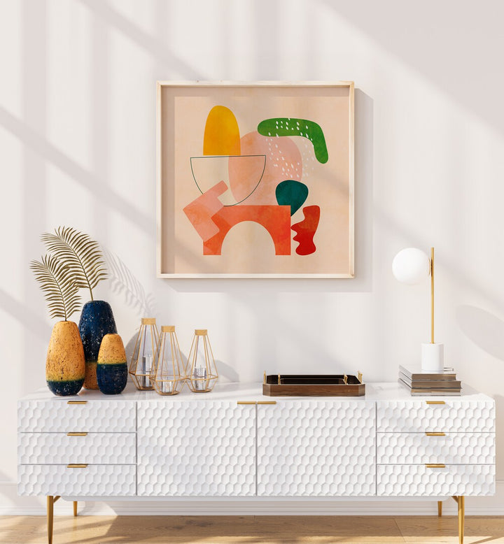 Shapes Play Kopie II By Ana Rut Bre Abstract Art Abstract Paintings in Oak Wood Plain Frame placed on a White Colored Wall above a Console Table in the Living Room