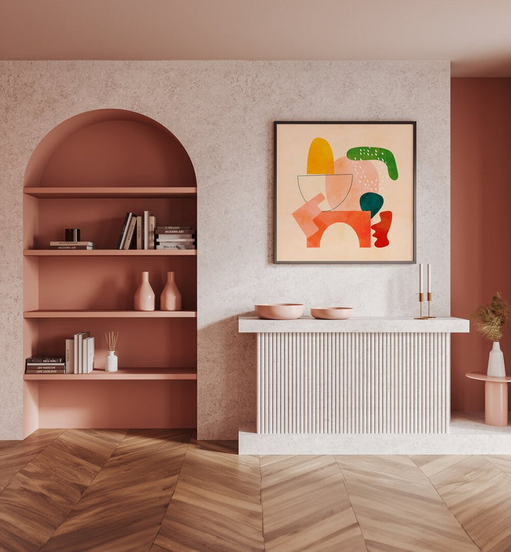 Shapes Play Kopie II By Ana Rut Bre Abstract Art Abstract Paintings in Black Plain Frame placed on a Pink Colored Wall above a Console Table in the Drawing Room