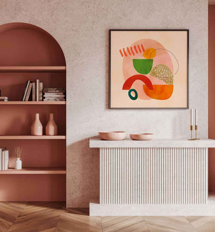 Shapes Play Kopie III By Ana Rut Bre Abstract Art Abstract Paintings in Black Plain Frame placed on a Pink Colored Wall above a Console Table in the Drawing Room