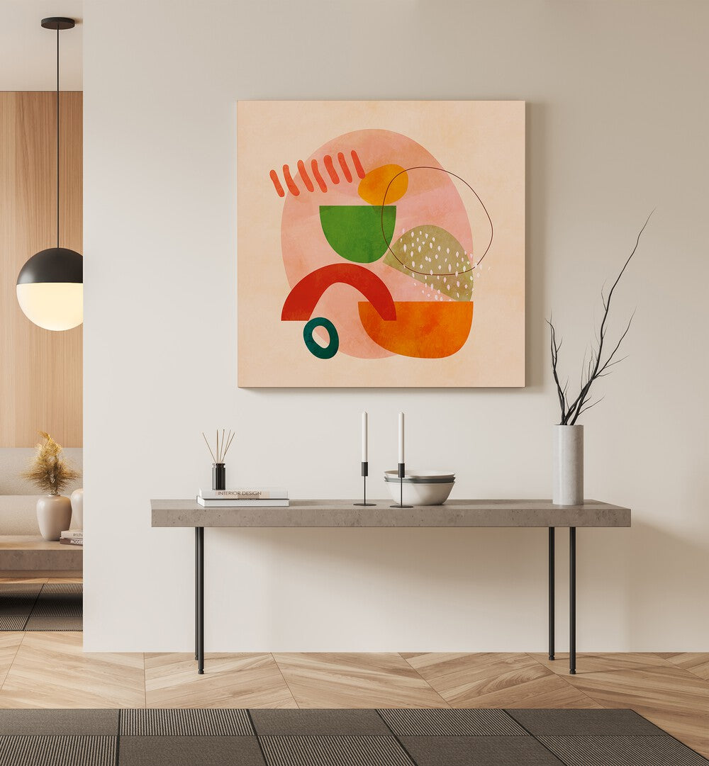 Shapes Play Kopie III By Ana Rut Bre Abstract Art Abstract Paintings in Gallery Wrap placed on a Cream Colored Wall above a Console Table in the Drawing Room