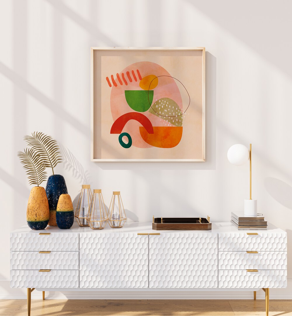 Shapes Play Kopie III By Ana Rut Bre Abstract Art Abstract Paintings in Oak Wood Plain Frame placed on a White Colored Wall above a Console Table in the Living Room