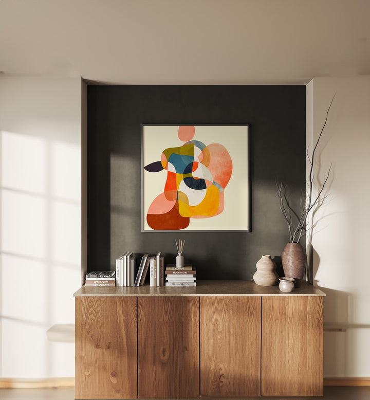 Shapes VI By Ana Rut Bre Abstract Art Abstract Paintings in Black Plain Frame placed on a Dark Grey Colored Wall above a Console Table in the Living Room 