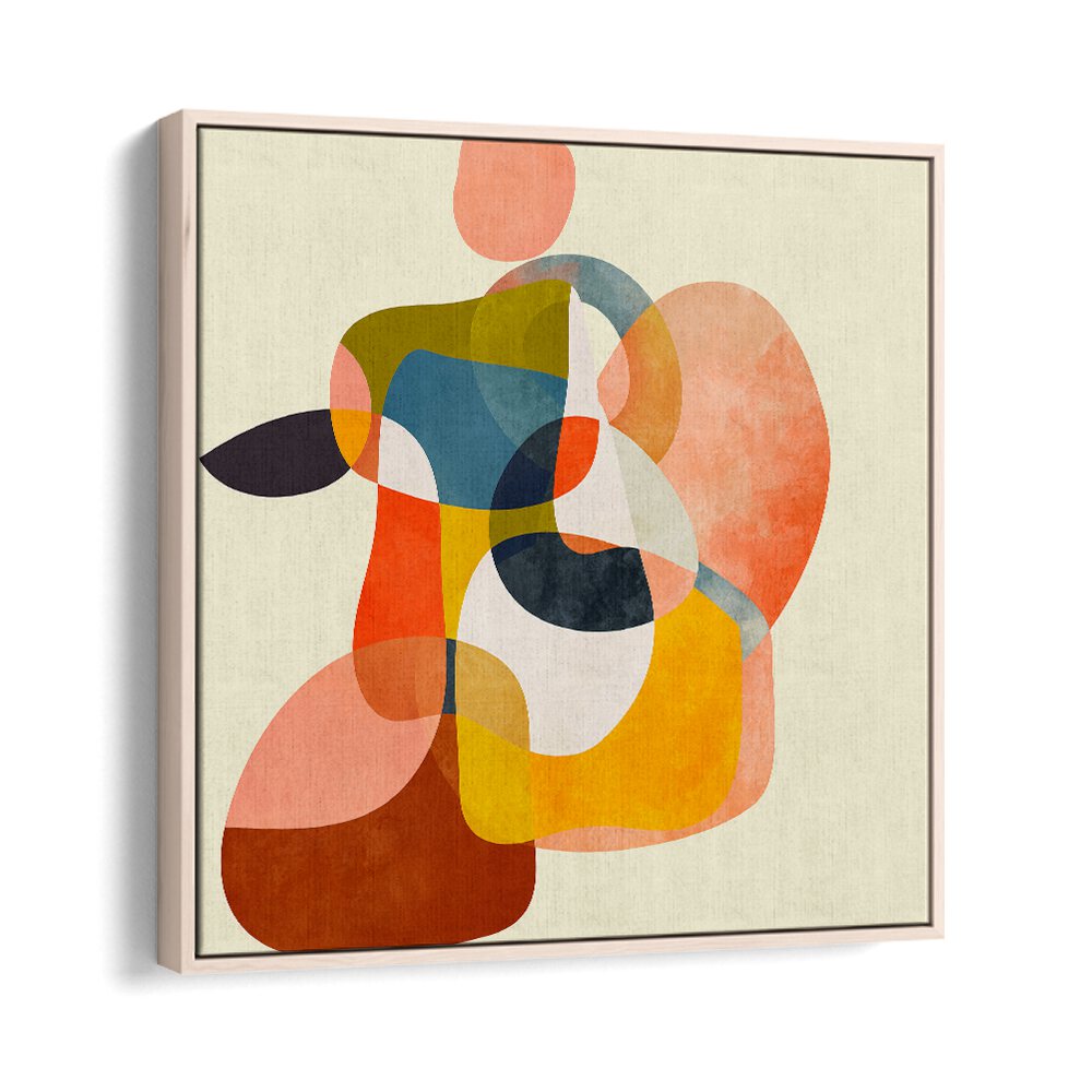 Colorful abstract shapes in a floater frame, showcasing SHAPES VI, ABSTRACT PAINTINGS by Ana Rut Bre for a vibrant space.