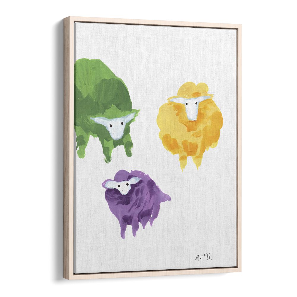 Sheep Triplets By Ania Zwara Kids Room Art in Oak Wood Floater Frame