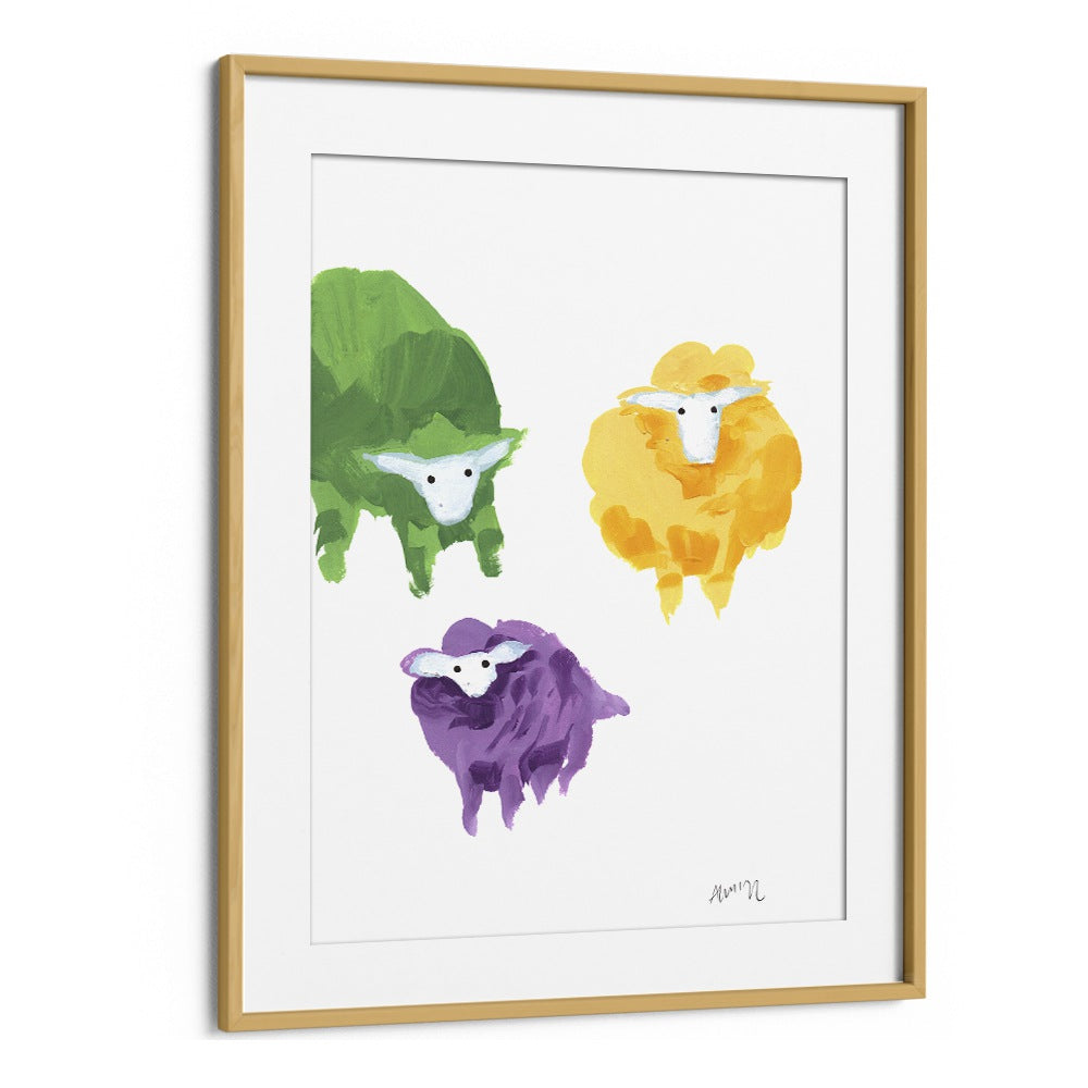 Sheep Triplets By Ania Zwara Kids Room Art in Oak Wood Frame With Mount