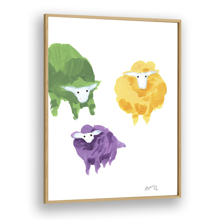 Sheep Triplets By Ania Zwara Kids Room Art in Oak Wood Plain Frame