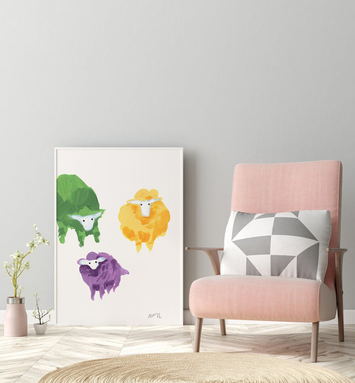 Sheep Triplets By Ania Zwara Kids Room Paintings Kids Room Wallart in White Plain Frame placed on the floor near a Grey Colored Wall in the Drawing Room