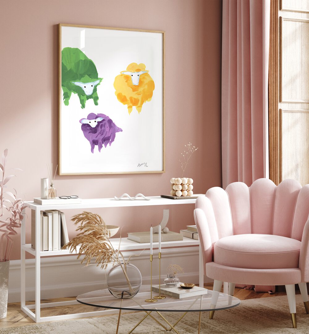 Sheep Triplets By Ania Zwara Kids Room Paintings Kids Room Wallart in Oak Wood Plain Frame placed on a Pink Colored Wall above a Console Table in the Drawing Room