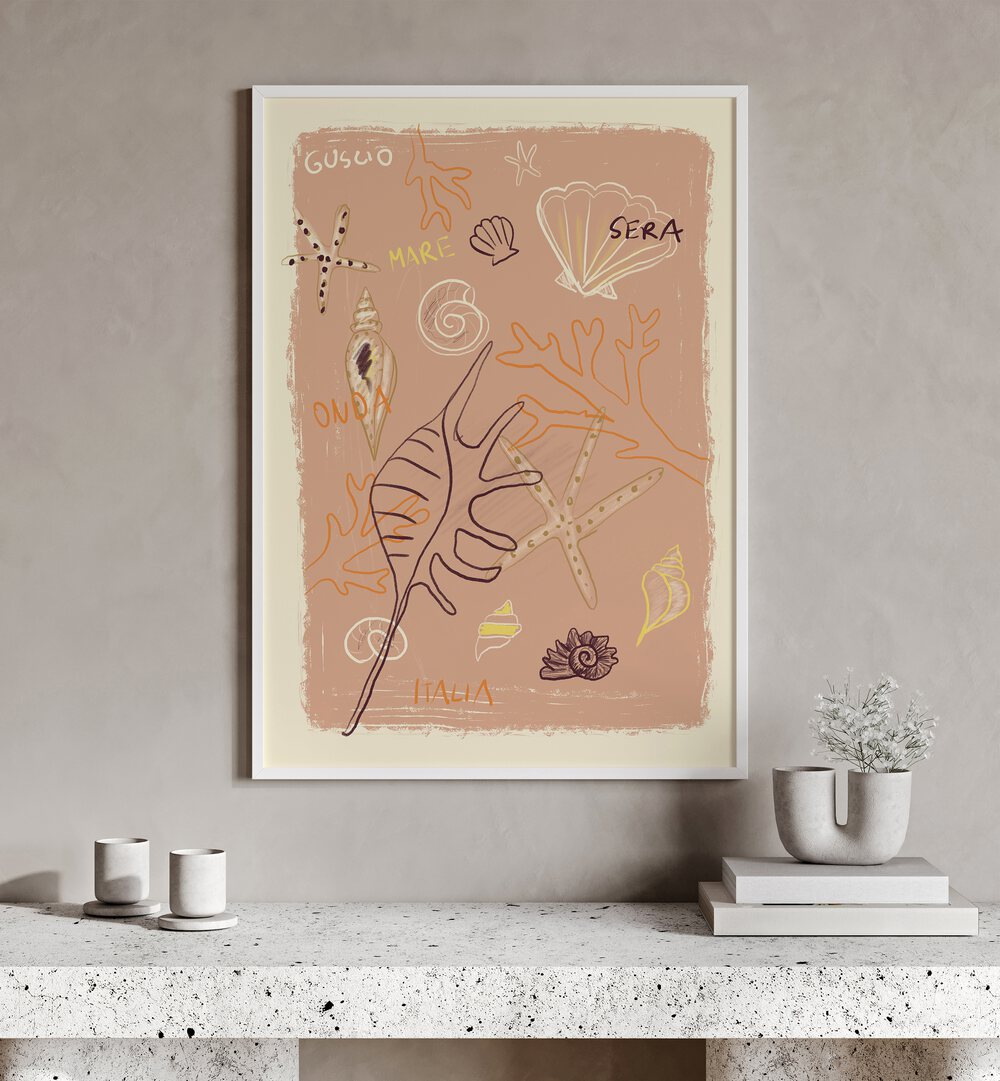 Shells by Studio Dolci Kitchen Posters in White Plain Frame placed on a wall behind a table