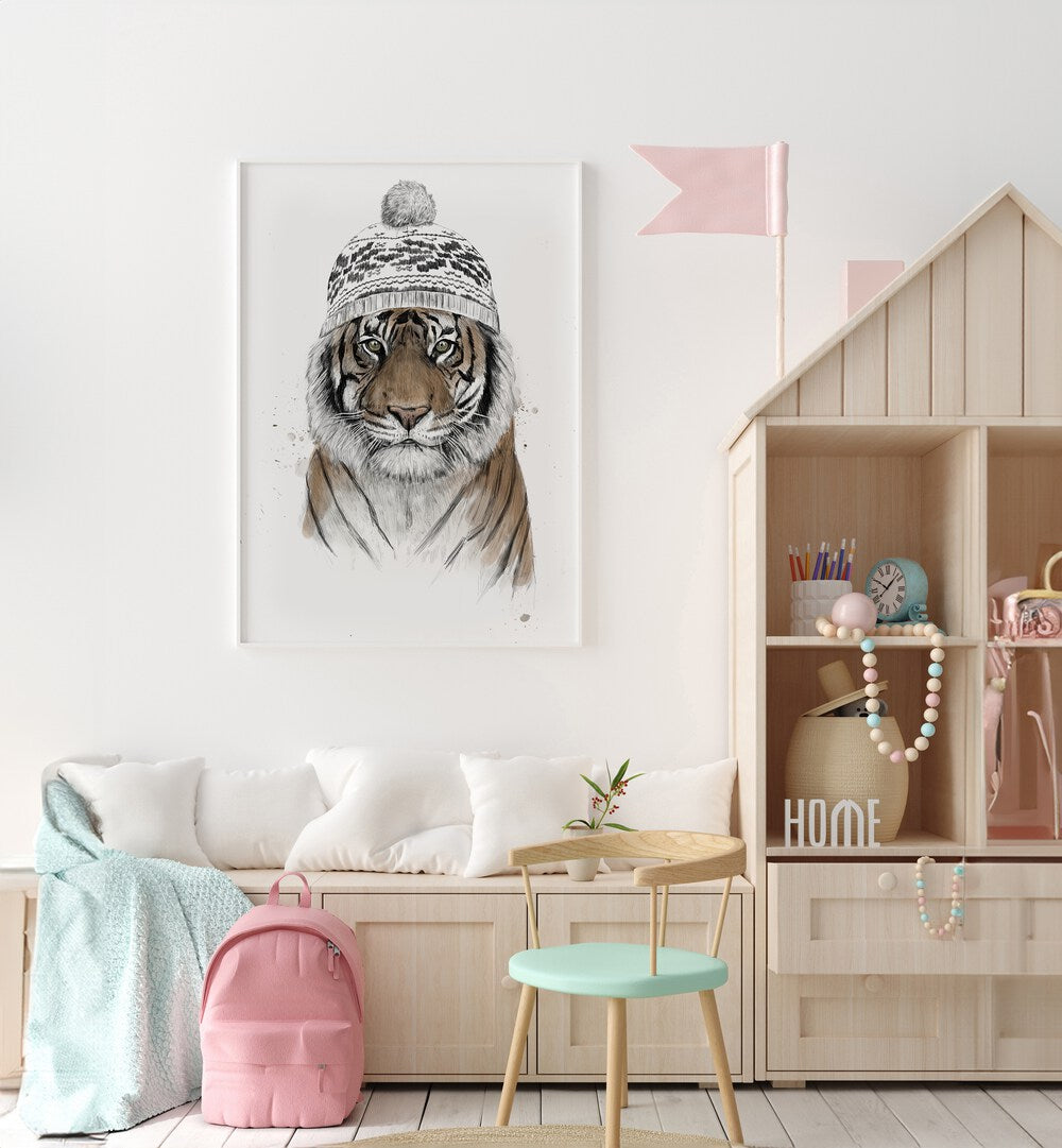 Siberian Tiger By Balazs Solti Wildlife Art Prints in White Plain Frame placed on a White Colored Wall in the Kids Room