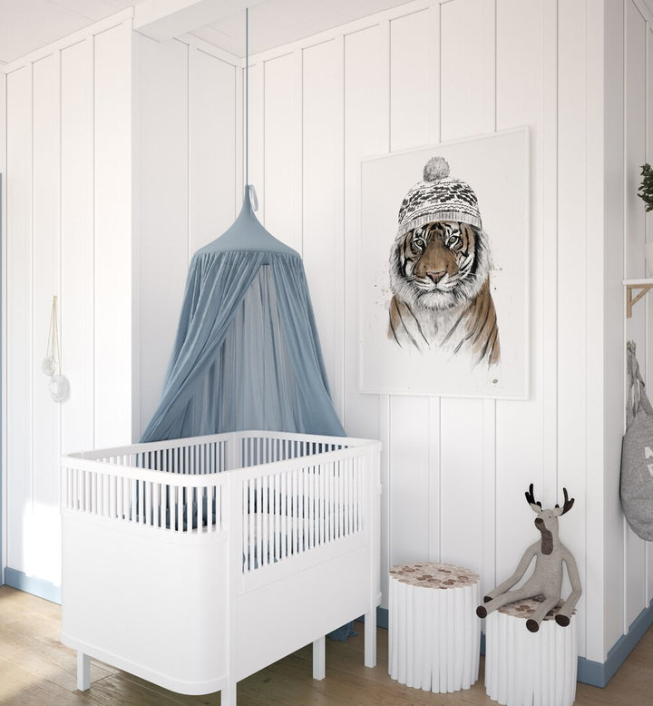 Siberian Tiger By Balazs Solti Wildlife Art Prints in White Plain Frame placed on a White Colored Wall in the Kids Room