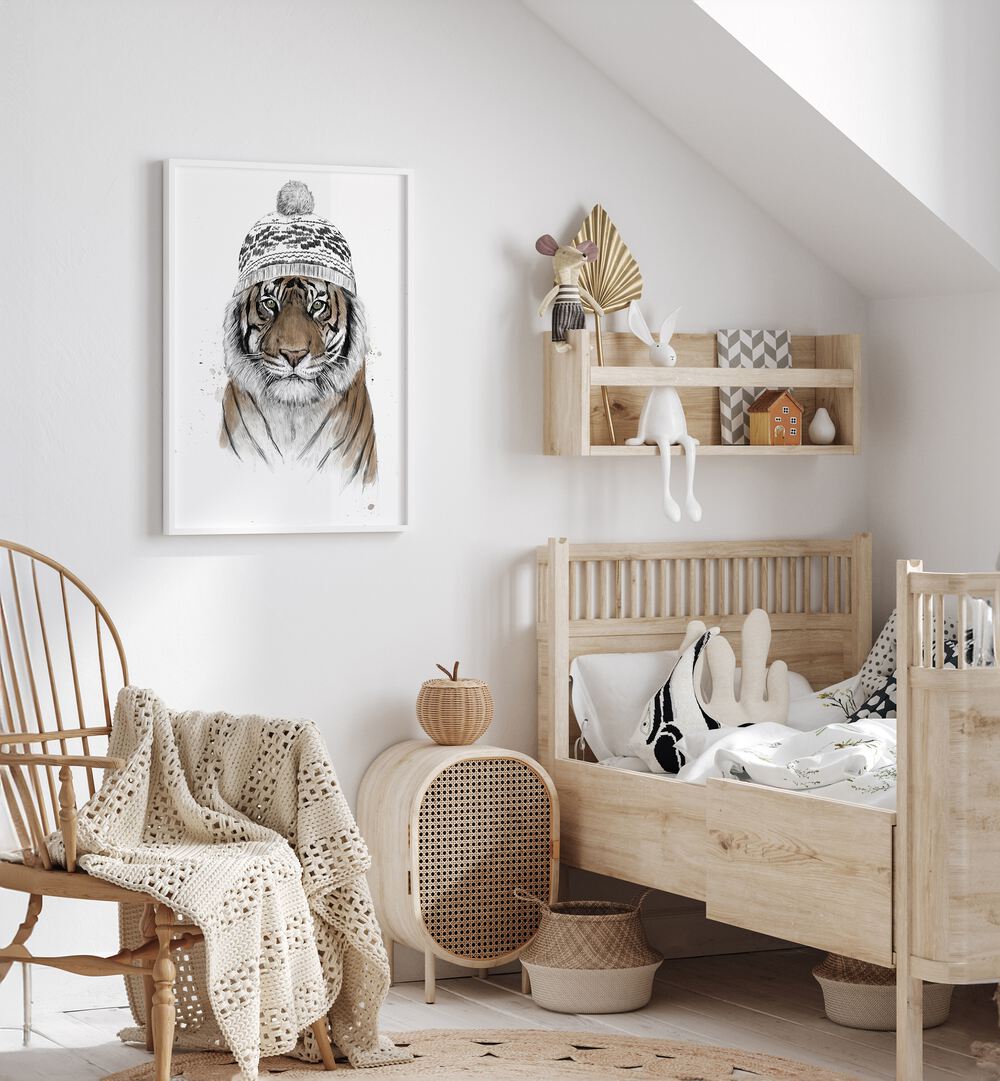 Siberian Tiger By Balazs Solti Wildlife Art Prints in White Plain Frame placed on a White Colored Wall in the Kids Room