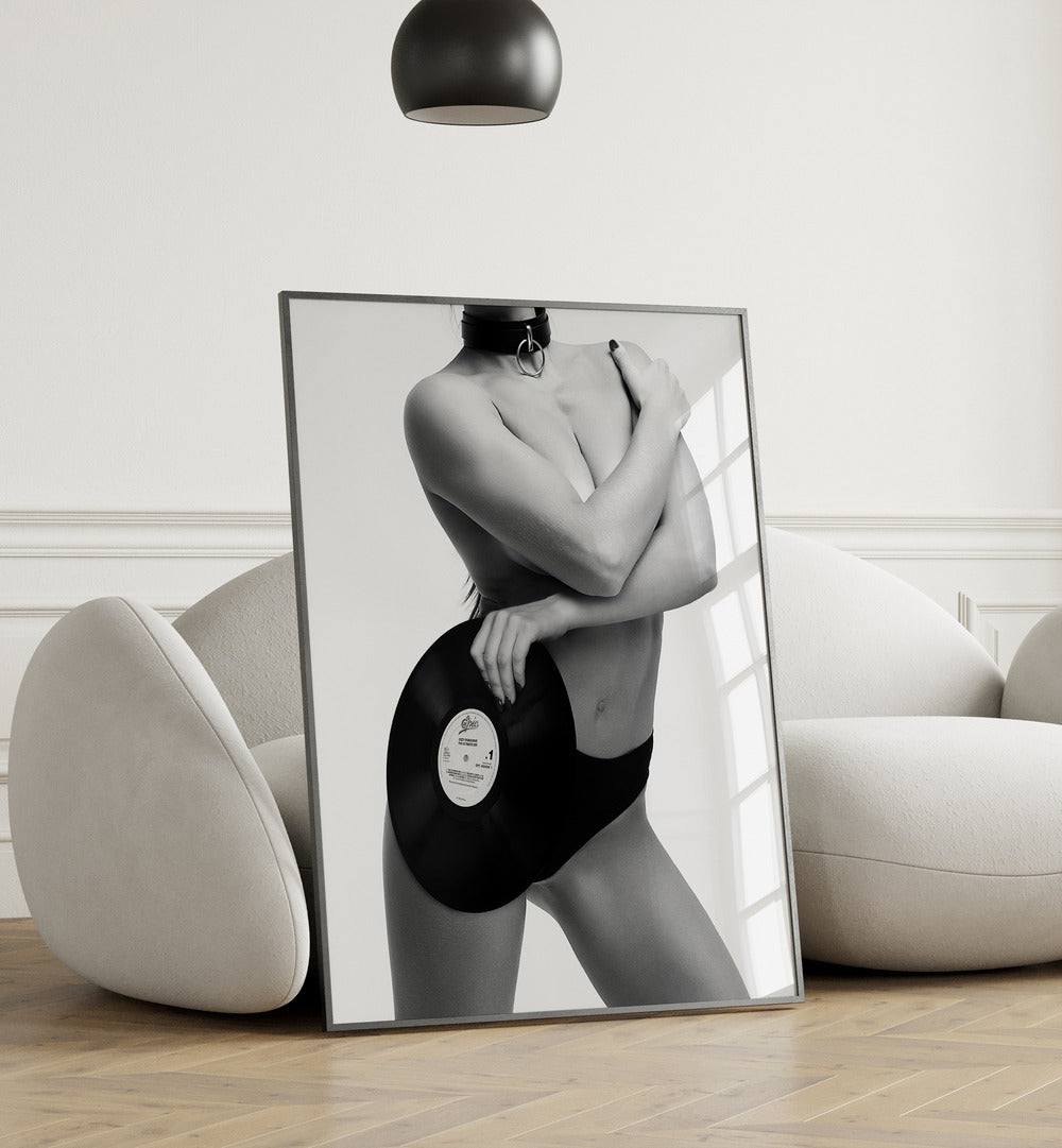 Sin Rock Me by David Drake Fine Art Photography Fashion Photography in Black Plain Frame placed on the floor behind a sofa