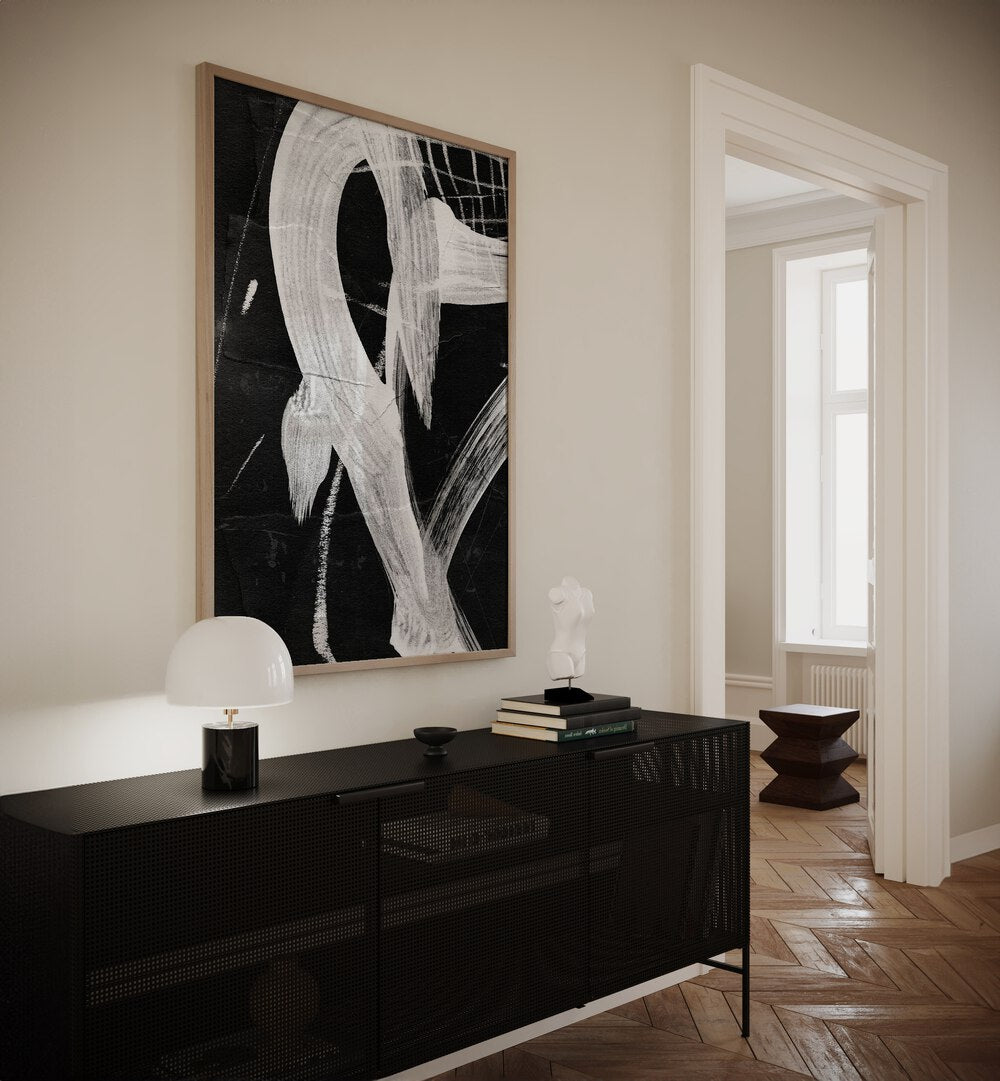 Sinking I By Dan Hobday Abstract Art Abstract Paintings in Oak Wood Plain Frame placed on a Cream Colored Wall above a Console Table in the Alley Way