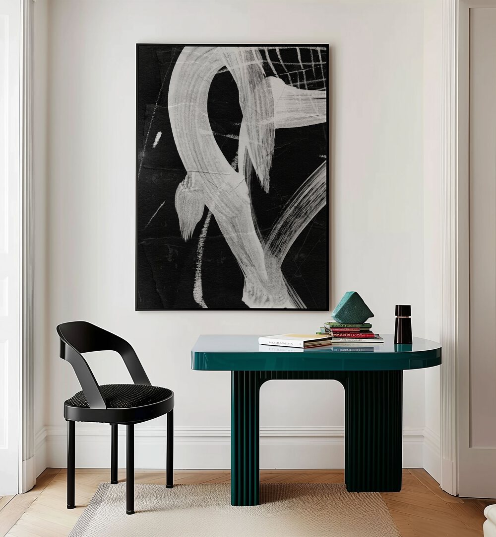 Sinking I By Dan Hobday Abstract Art Abstract Paintings in Black Plain Frame placed on a Cream Colored Wall near a Workspace in the Drawing Room