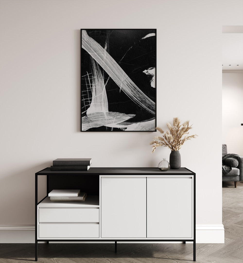 Sinking II By Dan Hobday Abstract Art Abstract Paintings in Black Plain Frame placed on a White Colored Wall above a Console Table in the Drawing Room