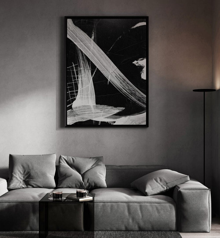 Sinking II By Dan Hobday Abstract Art Abstract Paintings in Black Plain Frame placed on a Grey Colored Wall near a Grey Sofa in the Living Room