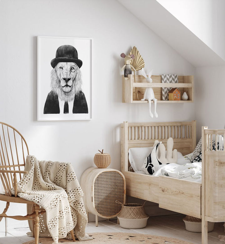 Sir Lion By Balazs Solti Wildlife Art Prints in White Plain Frame placed on a White Colored Wall in the Kids Room