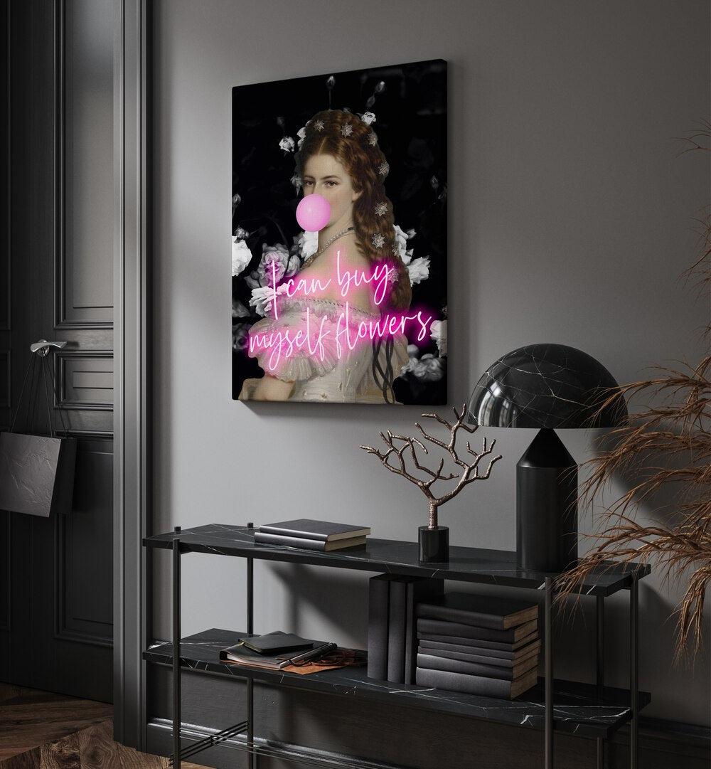 Sisi Flowers By Grace Digital Art Co Altered Art Prints in Gallery Wrap placed on a wall behind a table and beside a door