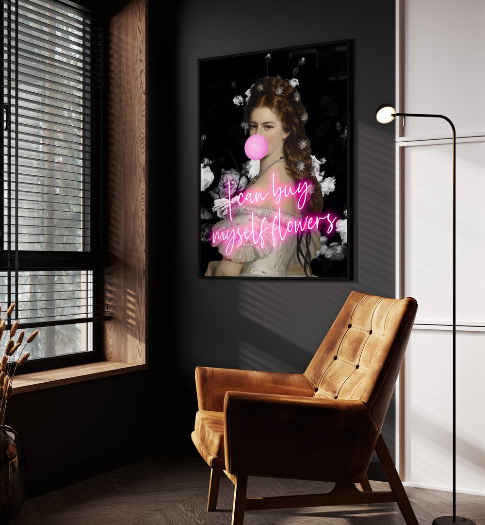 Sisi Flowers By Grace Digital Art Co Altered Art Prints in Black Plain Frame placed on a wall beside an orange sofa and a window