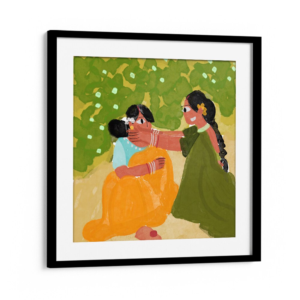 SISTERS-BOND-BY-SHREYA-ROY-CHOWDARY-INDIAN-ART-PAINTINGS-WHITE-FLOATER-FRAME
