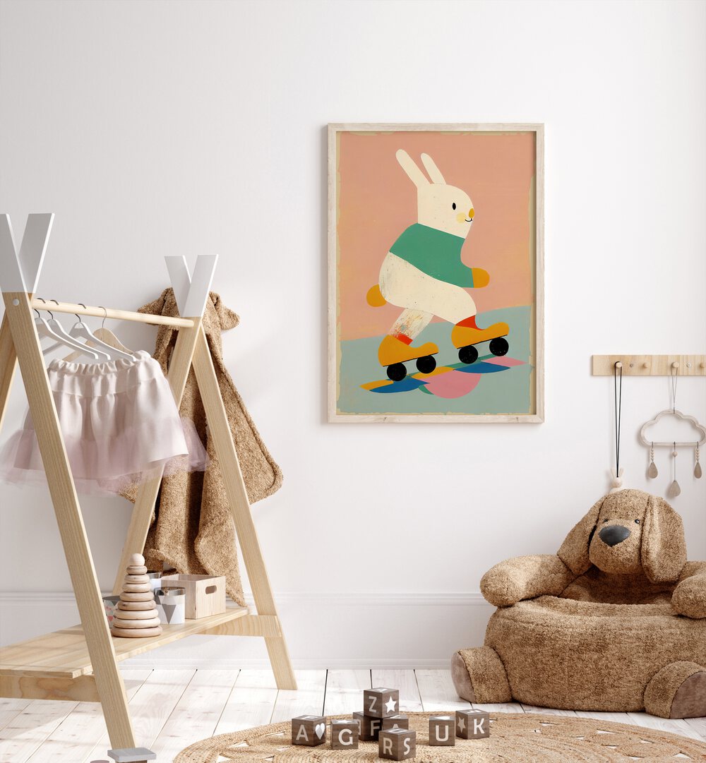 Skating Bunny By Treechild Kids Room Paintings in Oak Wood Plain Frame placed on a White Colored Wall in the Kids Room