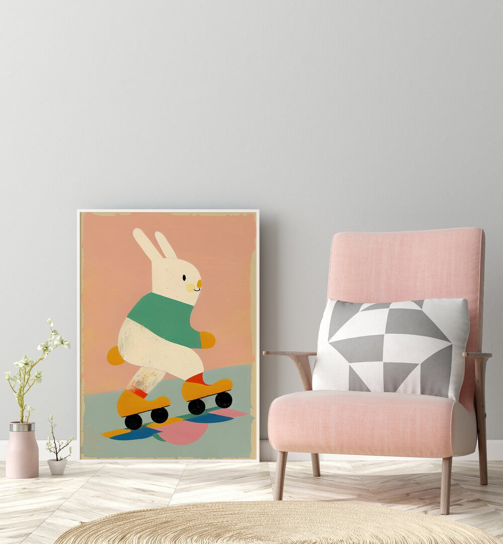 Skating Bunny By Treechild Kids Room Paintings in White Plain Frame placed on the floor near a Grey Colored Wall in the Drawing Room